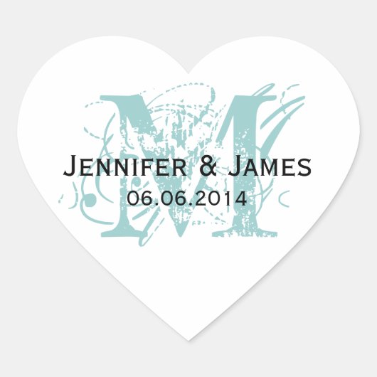 Stickers de mariage Monogramme bleu Forme cardiaqu (Devant)