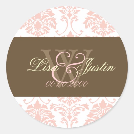 stickers de mariage monogramme rose Damask (Devant)