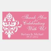 Stickers de mariage rose avec blanc Damas rectangl (Devant)