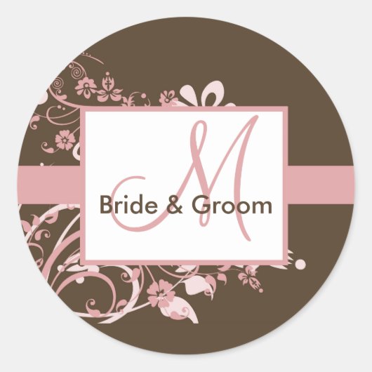 Stickers de mariage rose et Brown Monogramme (Devant)