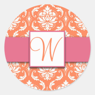 Stickers de mariage rose orange Monogramme Damas