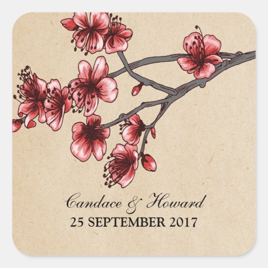 Stickers de mariage rouge Vintage cerise fleurs (Devant)