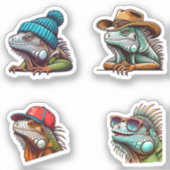 Stickers Drôle Iguana Cartoon Art 4 Pack (Recto)