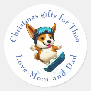 stickers étiquette de Noël Corgi snowboard