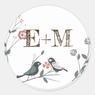 Stickers Faveur Monogramme Oiseaux Rustiques En Bo