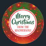 Stickers Festive Fractal Christmas (Cercle rouge)<br><div class="desc">Sticker étiquettes cadeau de vacances avec un arrière - plan fractal festif rouge et vert. L'accueil "Joyeux Noël" et la famille dont il est issu peuvent être changés.</div>