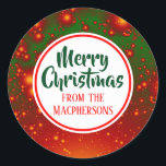 Stickers Festive Fractal Christmas (Cercle rouge)<br><div class="desc">Sticker étiquettes cadeau de vacances avec un arrière - plan fractal festif rouge et vert. L'accueil "Joyeux Noël" et la famille dont il est issu peuvent être changés.</div>