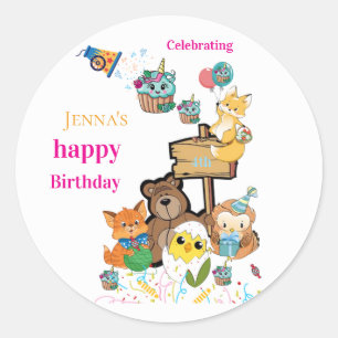 Stickers, Gelukkig Verjaardag Vos Vogel Kuiken Kat Ronde Sticker
