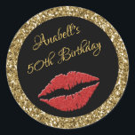 Stickers Golden Red Lips 50th Birthday<br><div class="desc">Ces stickers élégants et blingy sont parfaits pour toute fête ou sac cadeau de Diva. Vous pouvez modifier le libellé pour convenir à n'importe quel anniversaire ou événement. Si vous avez besoin de modifications à cet article, cette conception sur un autre article ou une commande personnalisée, contactez-moi à l'adresse invitesanddelites@comcast.net...</div>