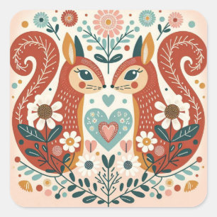 Stickers illustration folk art motif « écureuils »