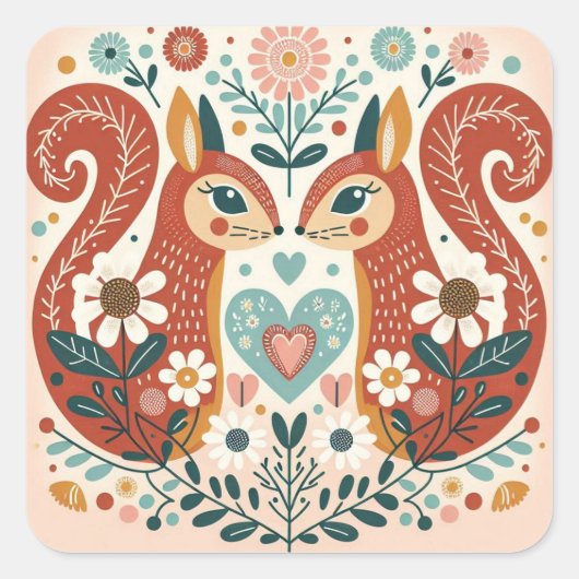 Stickers illustration folk art motif « écureuils » (Devant)