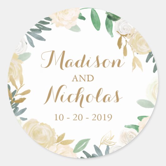 Stickers Mariage à enveloppe à fleurs blanches or (Devant)