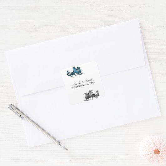 Stickers mariage dragon argent bleu (Enveloppe)