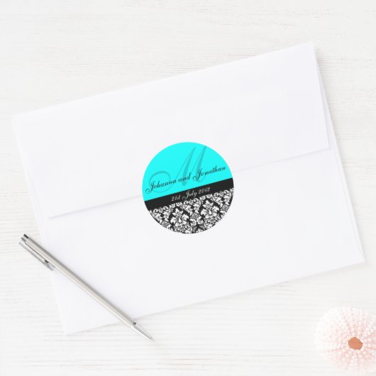 Stickers Mariage Monogramme Turquoise Damask (Enveloppe)