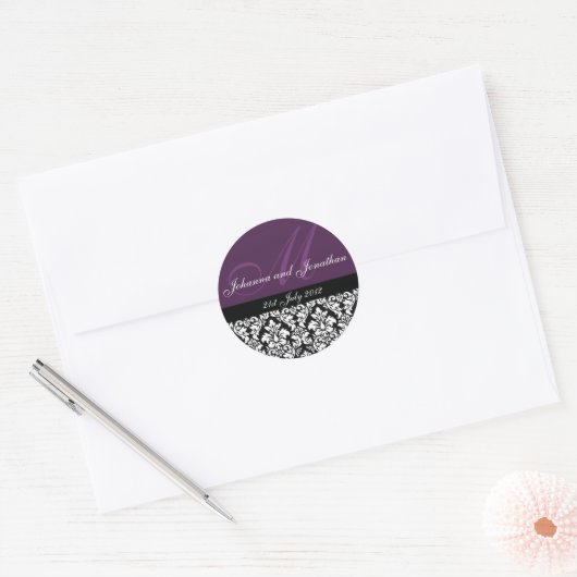 Stickers Mariage Monogramme Violet Damas (Enveloppe)