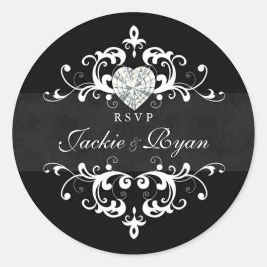 Stickers Mariage RSVP Black White Coeur Bijou (Devant)