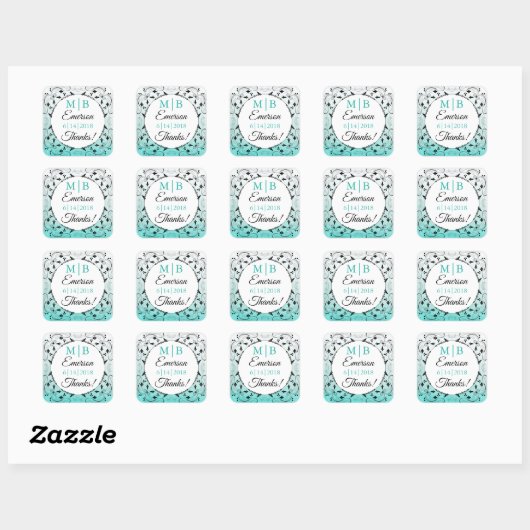 Stickers Mariage Turquoise personnalisé Merci (Feuille)