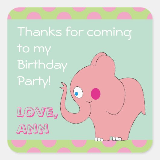 Stickers Merci d'anniversaire rose Elephant (Devant)