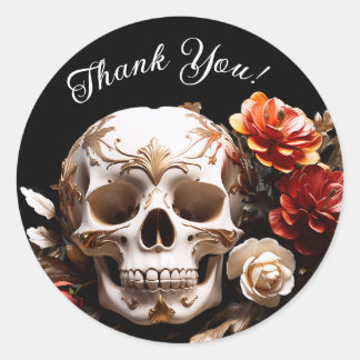Stickers Merci Halloween crâne et fleurs