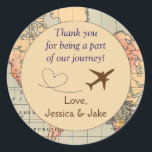 Stickers Merci personnalisé - Faveurs de mariage<br><div class="desc">Ces autocollants, conçus par Aesthetics Journeys, présentent un arrière - plan de carte avec un adorable avion avec un graphique cardiaque. Ils sont parfaits pour le mariage de destination ou pour le couple qui aime voyager. Ajout parfait à votre sauvegarde des dates, utilisez sur l'enveloppe pour une touche spéciale. Ces...</div>