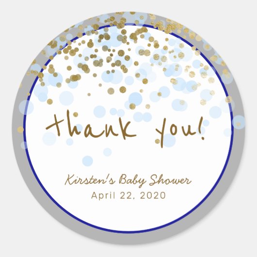 Stickers Merci rond bleu et Baby shower or (Devant)