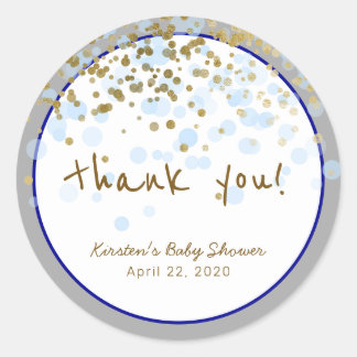 Stickers Merci rond bleu et Baby shower or