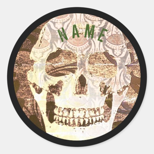 STICKERS MET AANGEPASTE NAAM GRUNGE SKELET RONDE V (Voorkant)