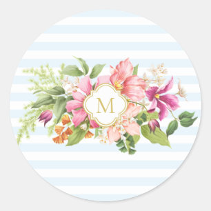 Stickers Monogramme Vintage Fleurs rose bleu paste