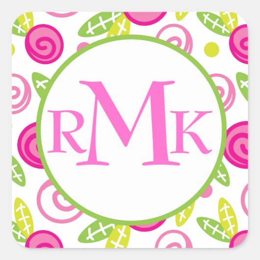 Stickers Monogrammes rose et vert Fleurs Abstraite (Devant)