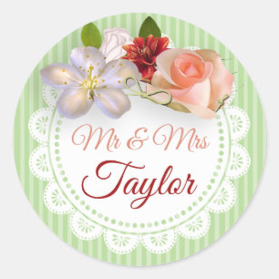 Stickers Mr & Mrs Sage Green et Coral Floral