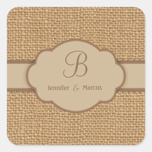 Stickers op Eigen vierkant monogram Burlap (Voorkant)