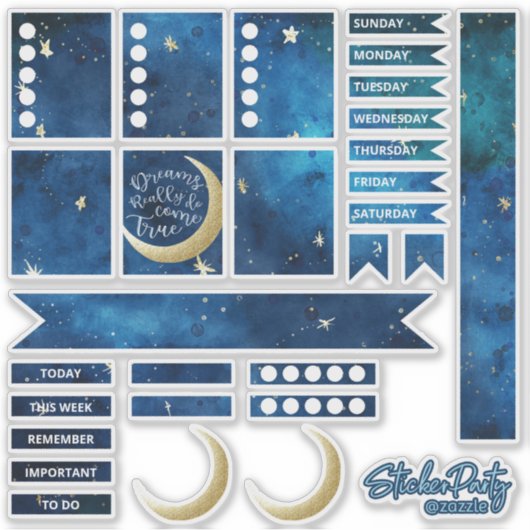 Stickers Planner Marine Bleu & Gold Moon & Stars (Devant)