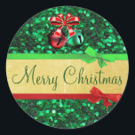 Stickers Red Green Gold Merry Christmas Bows<br><div class="desc">Red Green Gold Joyeux Noël Vaches et cloches de jingle Stickers</div>