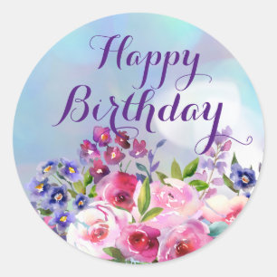 Stickers Rond Fleurs d'Aquarelle Joyeux Anniversai