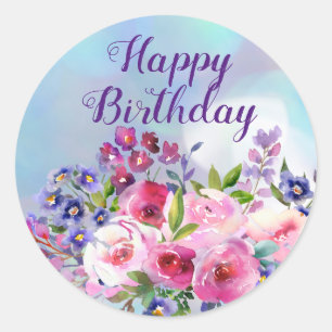 Stickers Rond Fleurs d'Aquarelle Joyeux Anniversai
