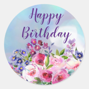 Stickers Rond Fleurs d'Aquarelle Joyeux Anniversai
