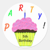 Stickers ronds 5e anniversaire fête Cupcake rose (Devant)