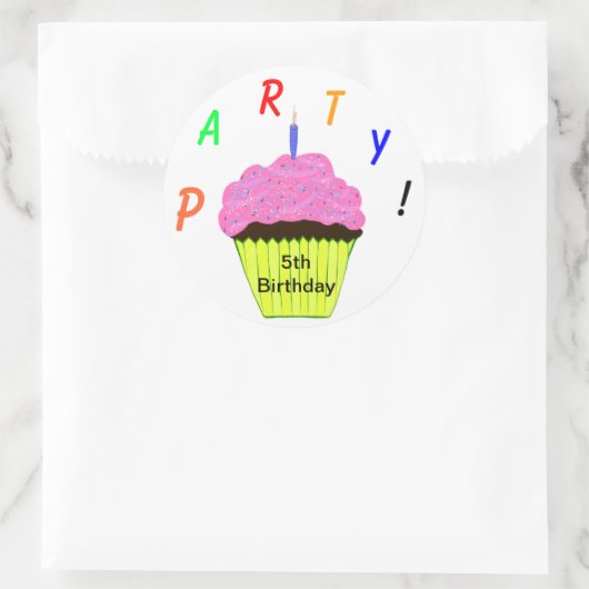 Stickers ronds 5e anniversaire fête Cupcake rose (Sac)