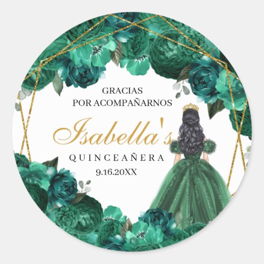 Stickers ronds de Quinceanera fleurie Emerald (Devant)