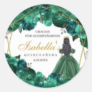 Stickers ronds de Quinceanera fleurie Emerald