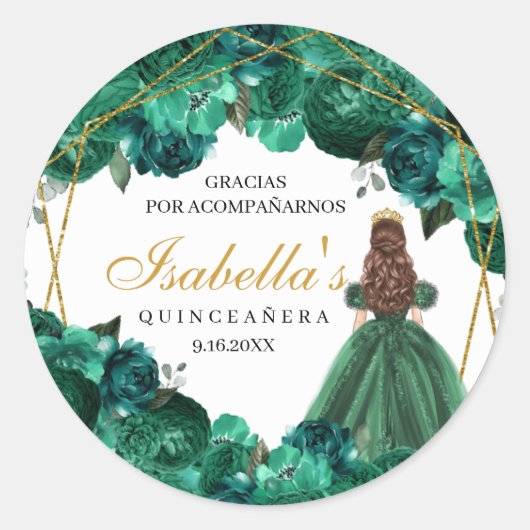 Stickers ronds de Quinceanera fleurie Emerald (Devant)