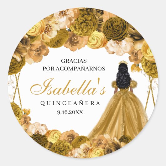Stickers ronds de Quinceanera Floral Or (Devant)