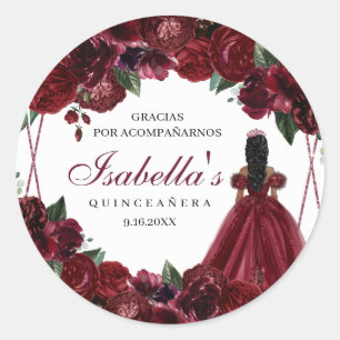Stickers ronds de Quinceanera Florale Bourgogne