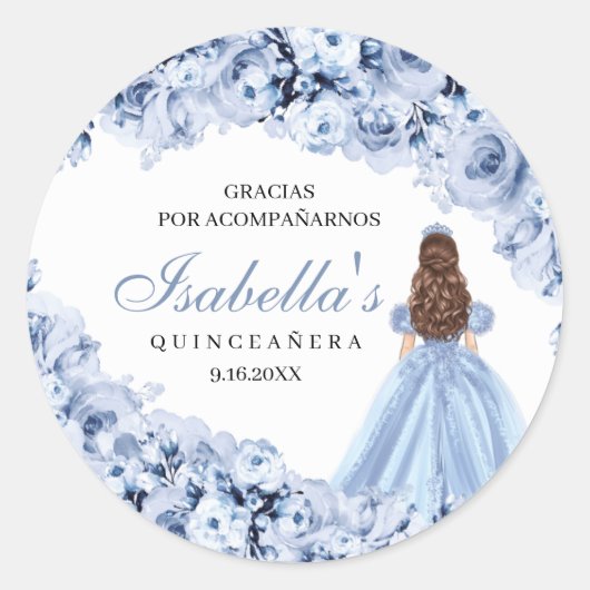 Stickers ronds Quinceanera bleu-bleu poussiéreux (Devant)
