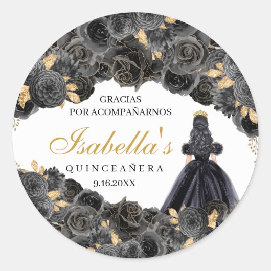 Stickers ronds Quinceanera Floral Noir et Or (Devant)
