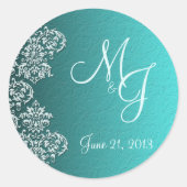 Stickers van de Damask Turquoise Wedding Round (Voorkant)