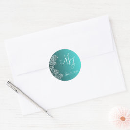 Stickers van de Damask Turquoise Wedding Round