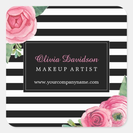 Stickers Watercoour Roses roses et rayures noires (Devant)
