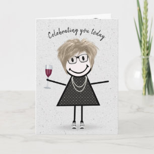 Stickfiguur verjaardagsmeisje met rode wijn kaart