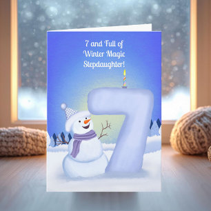 Stiefdochter Gefeliciteerd 7e verjaardag Sneeuwman Kaart